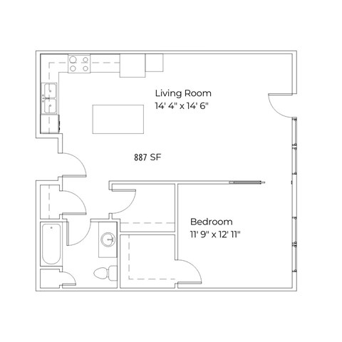 Floor plan for 1 bed, 1 bath, 887 sqft